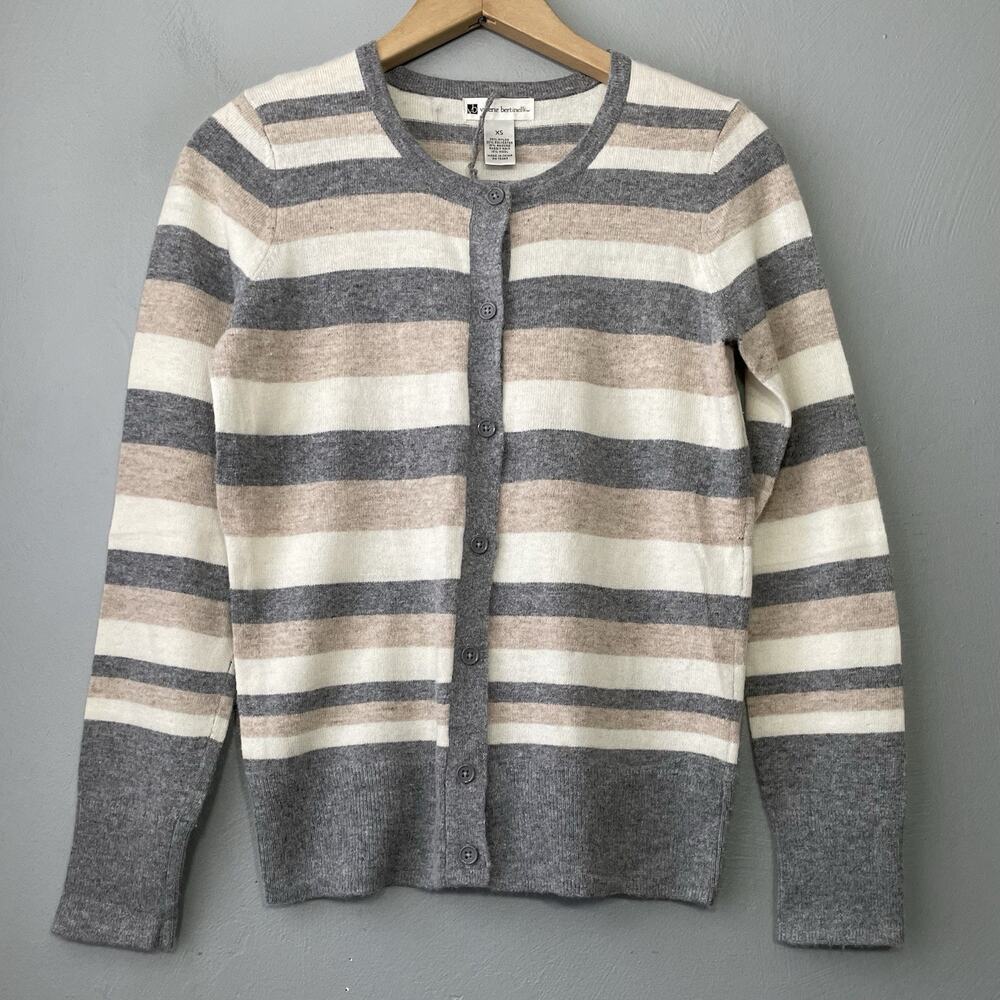 Striped Angora Wool Cardigan Size XS Neutral Minimalist Sweater Career 90s Prep